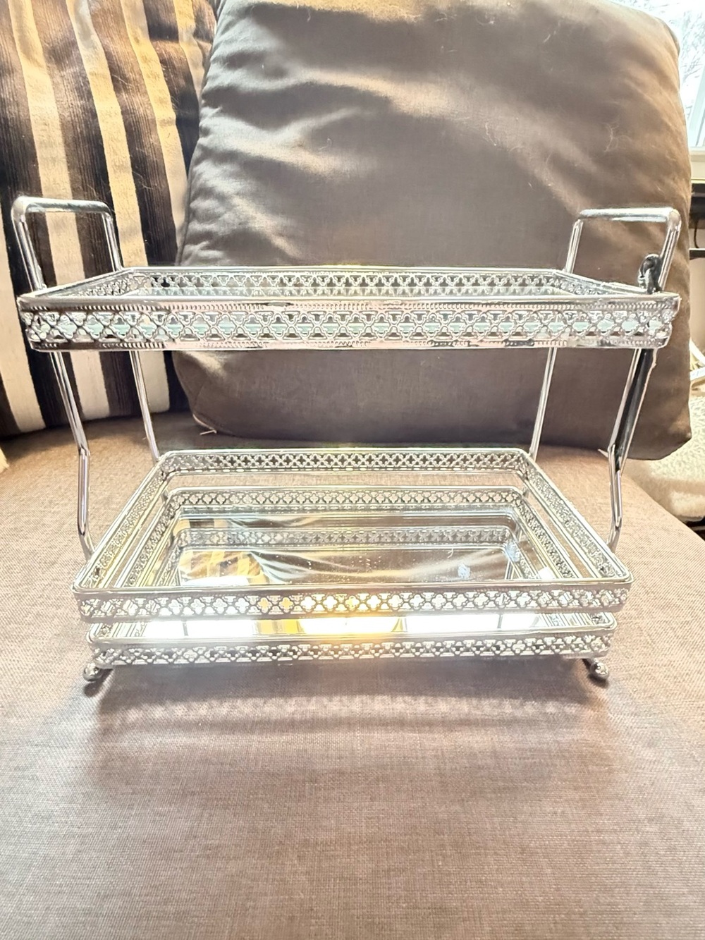 Silver Two-Tier Decorative Bathroom Tray Organizer
